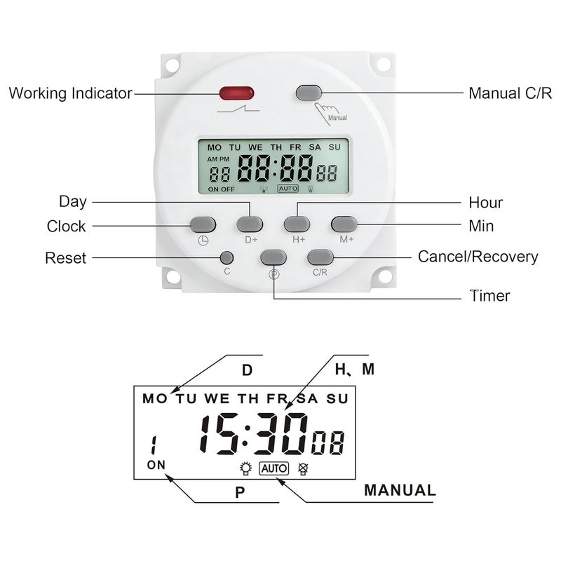 Weasch Timer Switch, CN101A, DC/AC 12V 16Amp, Digital LCD Power Programmable Timer Time Relay Switch, Supports 28 Scheduled Times Daily or Weekly (1) - Image 2
